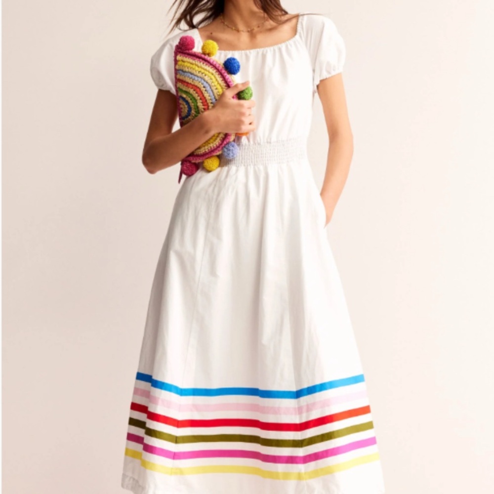 Boden White Ruffled Tiered Midi Dress Puff Sleeves